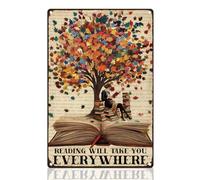 DOODLREAM Woman Reading Tin Sign Retro Metal Wall Decor 20 x 30cm Vintage Reading Will Take You Everywhere Vintage Wall Art Poster for Home Library Nursery Cafe Reading Room Classroom Decor Gift