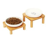 DoogCat Elevated Cat Bowls for Indoor Cats - Raised Bamboo Cat Bowl Stand with 5.75 Inch Wide Ceramic Dishes, Pet Food Plate Table for Easy Feeding, Whisker Friendly (White,Set of 2)