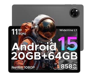 DOOGEE TAB A9+ 11-inch Tablet with Gemini AI， Android 15， 8580mAh & T7200 Octa-Core， 20GB+64GB/2TB LPDDR4X， 13MP+5MP， Widevine L1|Face ID|BT 5.0|5G WiFi|GPS|FM|OTG， GREY