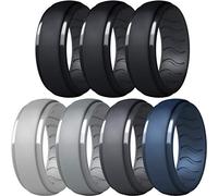 Dookeh Silicone Wedding Ring for Men - Mens Silicone Wedding Band - Breathable Skin Safe Improved Design for Crossfit Workout Swimming Firefighters Military (8-Black, LGray, Gray, DGray, Blue, 7)