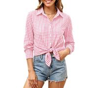 Dookttker Women Cotton Gingham Shirts Slim Fit Button Down Blouse Tops Casual Office Shirt Summer Clothes Fashion Outfits, Pink and White Plaid, M