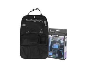 Dooky Car Back Seat Organiser for Essentials and Accessories, Multiple Pockets including Clear Tablet Holder (26 x 20 cm) for Hands-Free Viewing, Adjustable Strap, Sturdy Material, Black, 63 x 40 cm