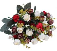 Doolitt 21 Head of Rose Artificial Flowers, 2 Bunches European Diamond Rose for Wedding Home Decor Shooting Vase Fake Flowers (Red)