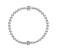 DOOLY 925 Sterling Silver pan Bracelet Smooth Beads & Pave Crystal Ball Bracelet Fit Bead Charm Diy Fashion Jewelry, 19cm