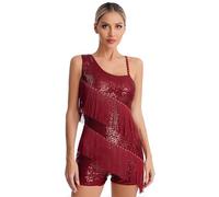 Doomiva Adult Women Latin Dance Dress Tassel Fringe Cha Cha Rumba Samba Waltz Flamenco Dance Leotard Dress Burgundy S