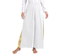 Doomiva Adult Women Metallic Praise Dance Palazzo Pants Wide-Leg Trousers Church Worship Costume Dancewear White S