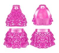 Doomiva Big Girls Modern Jazz Dance Set Sequins Crop Top with Skirts Ballet Dance Clothes Set Ballroom Dance Costume Hot Pink 11-12 Years