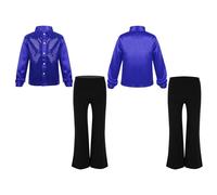Doomiva Boy's Sequins Dance Costume 2Pcs Hip Hop Jazz Dance Clothes Set 6-14 Years Sparkle Street Dance Outfits Blue 9-10 Years