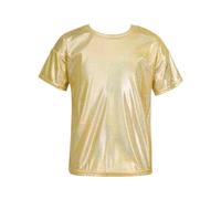 Doomiva Kids Girls Boys Modern Stage Show Dancing T-Shirt Bronzing Cloth Shiny Metallic Pullover Dance Shirt Gold B 4-5 Years