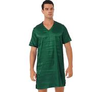 Doomiva Men's Silk Satin Nightshirt Soft Nightgowns Short Sleeve Button Curved Hemline Pullover Nightwear F0098#Dark Green L