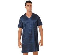 Doomiva Men's Silk Satin Nightshirt Soft Nightgowns Short Sleeve Button Curved Hemline Pullover Nightwear F0098#Navy Blue 3XL