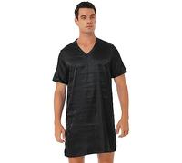 Doomiva Men's Silk Satin Nightshirt Soft Nightgowns Short Sleeve Button Curved Hemline Pullover Nightwear F0098#Black L