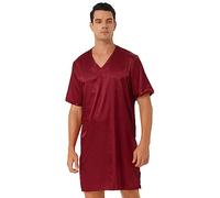 Doomiva Men's Silk Satin Nightshirt Soft Nightgowns Short Sleeve Button Curved Hemline Pullover Nightwear F0098#Burgundy 4XL
