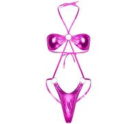 Doomiva Women's PVC Leather Halter Neck Sling Shot Micro Mini Bikini Monokini Swimsuit Teddy Rose One Size