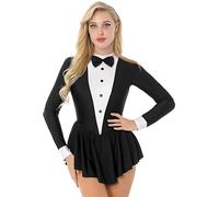 Doomiva Women's Waitress Role Play Costume Mock Neck Tuxedo Bow Tie Leotard Long Sleeve Ruffle Dress Black XL