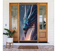Door Covers Decorations - Spring Summer Cool Dragon Cyan Print No.242 Door Banners for Front, Winter Fall Sign Cover Banner Hanging Backdrop for Outdoor Indoor Eve Wall Decor Supplies 6x3 Ft