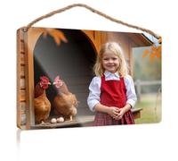 Door Decor Sign A Girl in an Apron Stands Next to Chickens Wall Hanging Decor Sayings Fall Front Door Decor(23X35CM)