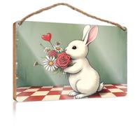Door Decor Sign A White Rabbit Holding A Bouquet of Flowers Wall Hanging Decor Sayings Fall Front Door Decor(20X30CM)