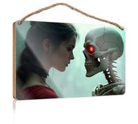 Door Decor Sign A Woman Gazes Into The Eye Of A Skeletal Figure With A Red Light Wooded Sign Teens Stuff Plaque Sign(23X35CM)