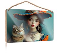 Door Decor Sign A Woman in an Ornate Hat with A Cat Wall Hanging Decor Sayings Fall Front Door Decor(23X35CM)