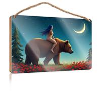 Door Decor Sign A Woman Rides A Bear Through A Field of Red Flowers Under A Crescent Moon Wall Hanging Decor Sayings Fall Front Door Decor(20X30CM)