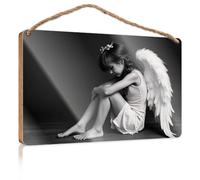 Door Decor Sign A Young Girl With Angel Wings Sits On The Floor Wooded Sign Teens Stuff Plaque Sign(23X35CM)