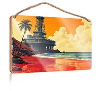 Door Decor Sign Oil Rig On A Tropical Beach with Palm Trees Wall Hanging Decor Sayings Fall Front Door Decor(23X35CM)