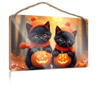 Door Decor Sign Two Black Cats in Orange Hats and Scarves Hold Jack-o'-Lanterns Wall Hanging Decor Sayings Fall Front Door Decor(23X35CM)