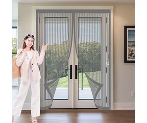 Door Fly Screen Curtain 100 x 160 cm with Powerful Magnets & Full Frame Magic Tape, Keep Bugs Out & Lets Fresh Air in Flyscreen French Doors for Patio Doors Balcony, Grey