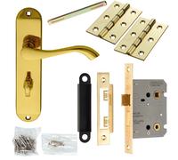 Door Handle & Bathroom Lock Pack Brass Modern Scroll Thumbturn Slim Backplate Loops Metallics One Size