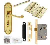 Door Handle & Bathroom Lock Pack Brass Scroll Lever Thumb Reeded Backplate