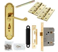 Loops Door Handle & Bathroom Lock Pack Brass Scroll Lever Thumb Reeded Backplate in Metallics Loops Metallics