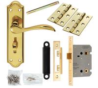 Door Handle & Bathroom Lock Pack Brass Victorian Curved Thumbturn Backplate