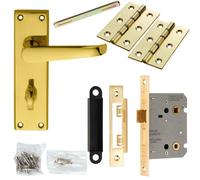 Door Handle & Bathroom Lock Pack Brass Victorian Straight Thumbturn Backplate