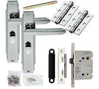 Door Handle & Bathroom Lock Pack - Chrome Art Deco Premium Thumb Turn Backplate | Complete Matching Set for 1x Interior Door - Handle, Hinges & Thumb Turn Bathroom Lock & Latch | Privacy WC Toilet