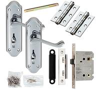 Door Handle & Bathroom Lock Pack - Chrome Scroll Upturned Thumb Turn Backplate | Complete Matching Set for 1x Interior Door - Handle, Hinges & Thumb Turn Bathroom Lock & Latch | Privacy WC Toilet