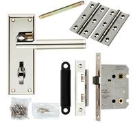 Door Handle & Bathroom Lock Pack Polished & Satin Nickel Mitred Lever Backplate
