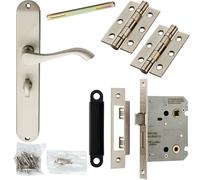 Door Handle & Bathroom Lock Pack Satin Chrome Scroll Round Tall Slim Backplate