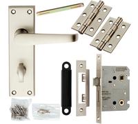 Door Handle & Bathroom Lock Pack Satin Chrome Victorian Straight Lever Backplate