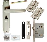 Door Handle & Bathroom Lock Pack Satin Nickel Art Deco Detail Premium Backplate