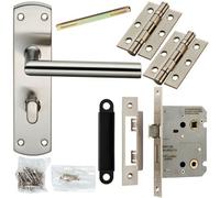 Door Handle & Bathroom Lock Pack Satin Nickel Modern Mitred Round Bar Backplate