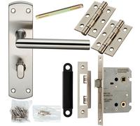 Door Handle & Bathroom Lock Pack Satin Nickel Modern Mitred Round Bar Backplate Loops Metallics One Size