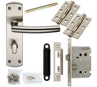Door Handle & Bathroom Lock Pack Satin Steel Curved & Mitred Bar Backplate Loops Metallics One Size