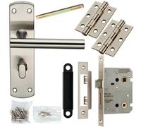 Door Handle & Bathroom Lock Pack Satin Steel Modern Straight T Bar Backplate