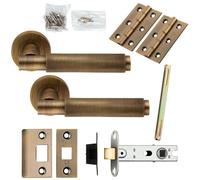 Door Handle & Latch Pack Antique Brass Knurled Round Bar Screwless Round Rose