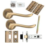 Door Handle & Latch Pack Antique Brass Scroll Lever Screwless Round Rose