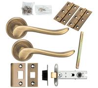 Door Handle & Latch Pack Antique Brass Scroll Lever Screwless Round Rose