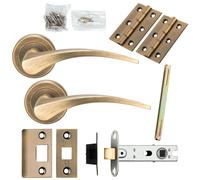 Door Handle & Latch Pack Antique Brass Slim Arched Lever Screwless Round Rose