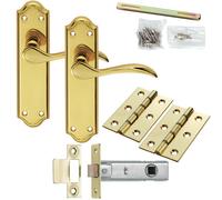 Door Handle & Latch Pack Brass Modern Scroll Curved Lever Ornate Backplate