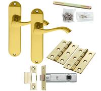 Door Handle & Latch Pack Brass Modern Scroll Curved Slim Rounded Backplate